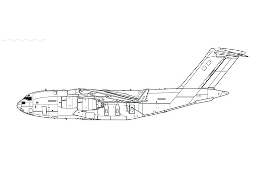 Boeing C-17 Globemaster III. Vector drawing of heavy transport aircraft. Side view. Image for illustration and infographics.