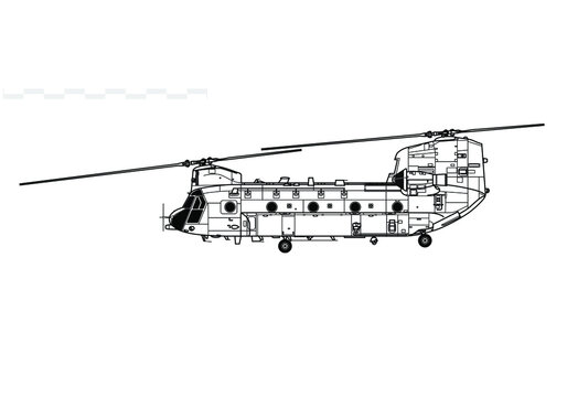 Boeing CH-47 Chinook, Chinook HC1. Vector drawing of transport helicopter. Side view. Image for illustration and infographics.