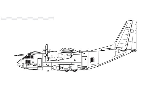 Leonardo C-27J Spartan. Vector drawing of medium transport aircraft. Side view. Image for illustration and infographics.