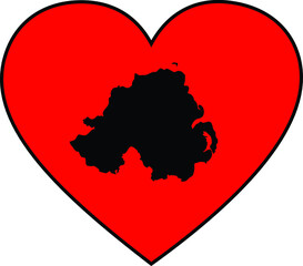 Black map of North Ireland inside red heart shape with black stroke