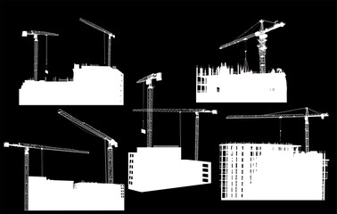 Obraz premium five houses building and cranes isolated on black
