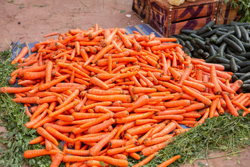 Morrocan local market on the streets with spices, nuts, fish, fruits and vegetables.