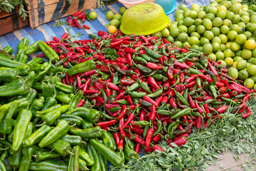 Morrocan local market on the streets with spices, nuts, fish, fruits and vegetables.
