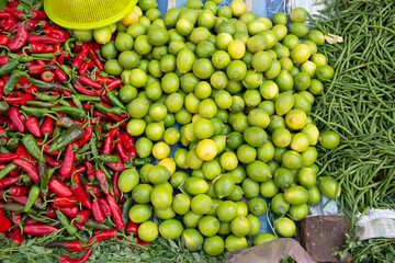 Morrocan local market on the streets with spices, nuts, fish, fruits and vegetables.