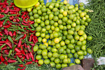 Morrocan local market on the streets with spices, nuts, fish, fruits and vegetables.