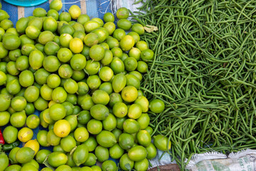Morrocan local market on the streets with spices, nuts, fish, fruits and vegetables.