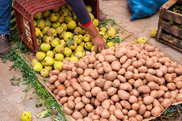 Morrocan local market on the streets with spices, nuts, fish, fruits and vegetables.