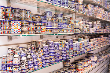 Morrocan local market on the streets with spices, nuts, fish, fruits and vegetables.