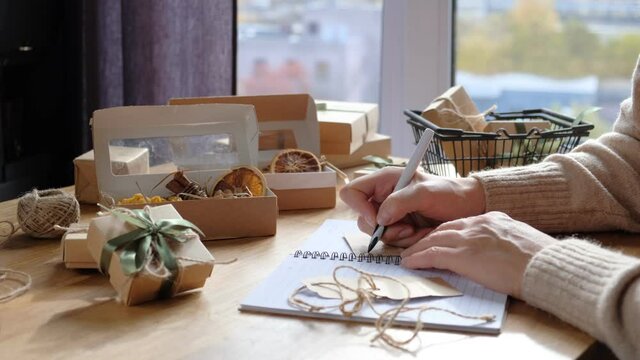 Christmas gift. gift box,zero waste, eco friendly hand made box packaging gifts in kraft paper table, eco christmas holiday concept, Christmas gift wrapping,eco decor 