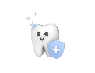 Dental insurance. Happy cute tooth with guard. Health insurance, healthcare. 3D render model isolated white background.