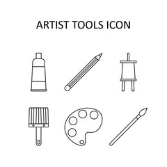 Vector illustration with palette, easel, tube of paint, paint brush, pencil. Linear icon.