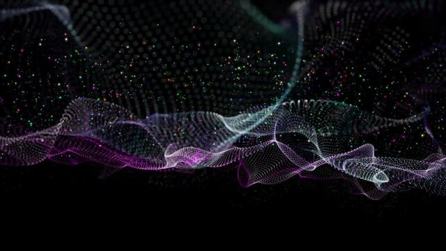 Futuristic video animation with wave object and glitter particles in slow motion, 4096x2304 loop 4K
