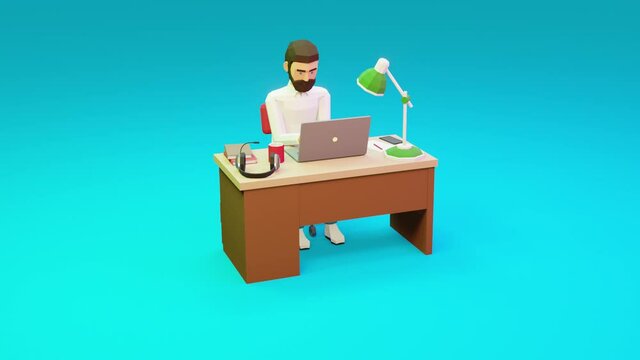 3d low poly Man Working with laptop at table. Freelancer work online. 3d Looped Animation.