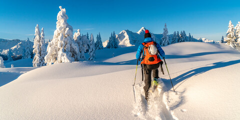 Skitour in tief verschneite Winterlandschaft