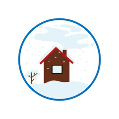 winter icon with a house in the snow and with smoke from a chimney