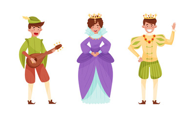 Medieval people set. Minstrel, queen and king European middle ages historical characters cartoon vector illustration - obrazy, fototapety, plakaty