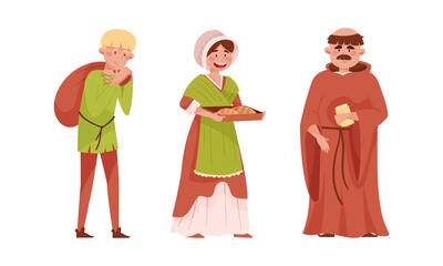 Obraz premium Medieval people set. Peasants and bishop European middle ages historical characters cartoon vector illustration