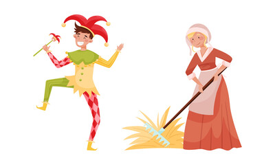 Medieval people set. Peasant woman and jester European middle ages historical characters cartoon vector illustration