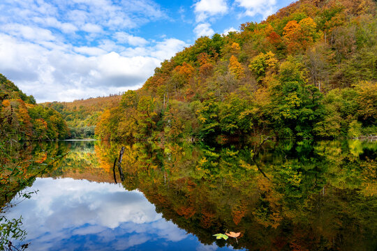 Hamori lake in Lillafured Miskolc pearl of the Bukk Natonal Park in Hungary with colorful boats fall autumn season