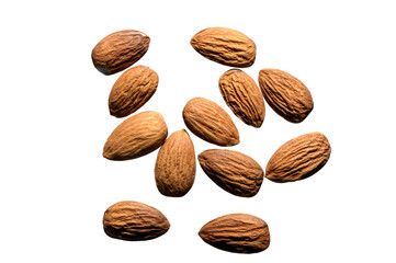 several almonds on a white background. close-up. view from above.