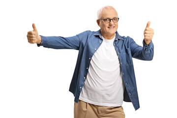 Excited man with white hair gesturing happiness and showing thumbs up