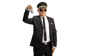 Obraz na płótnie Canvas Chauffeur in a uniform with sunglasses holding a car key