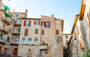 Medieval town Todi on the hill Italy, tourist tourism. Ancient cities of Europe, beautiful landscape panoramic view. Fortifications of medieval Italy.
