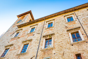 Medieval town Todi on the hill Italy, tourist tourism. Ancient cities of Europe, beautiful landscape panoramic view. Fortifications of medieval Italy.