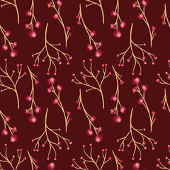 New year seamless pattern with branches, berries and flowers.