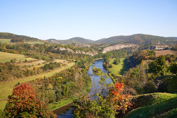 Autum landscape with Berounka river and hills near Tetin, Czech republic