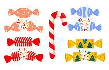 Set of christmas crackers and candy in colorful wrappings on white background. Festive cute cracker templates full of colorful confetti inside. Flat cartoon vector illustration