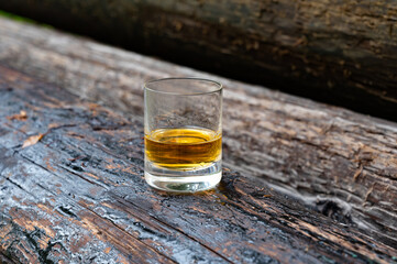Glass of strong scotch single malt whisky on old log soaked in creosote