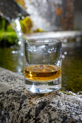 Glass of strong scotch single malt whisky served on old stone reservoir for water from mountain spring