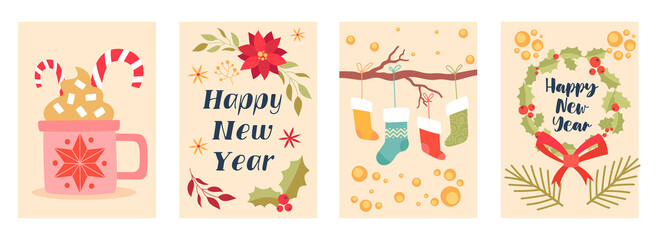 Set of cute christmas postcards with new year holiday elements on pastel background. Concept of xmas decoration. Winter holiday colorful templates for creative use. Flat cartoon vector illustration