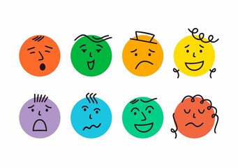 Abstract emotional faces. Round abstract faces with various Emotions. Different colorful characters. Vector illustration. Every face is isolated.