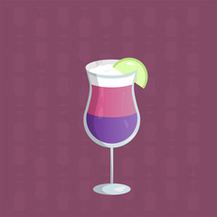 Simple flat icon, purple cocktail in glass with lime on violet background