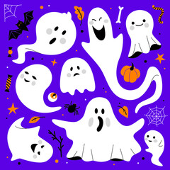 Vector flat halloween ghosts with pumpkin, bat, eye, autumn leaves, brunch, candys, worm, spider and web.