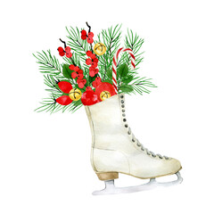 watercolor drawing. Christmas composition with Christmas plants, vintage skates, poinzeta, red berries, fir branches and cones.