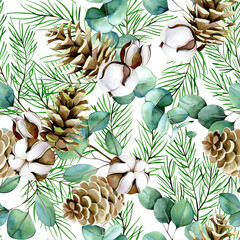 watercolor seamless pattern on the theme of winter, new year, christmas. cotton flowers, eucalyptus leaves, fir branches and cones on a white background