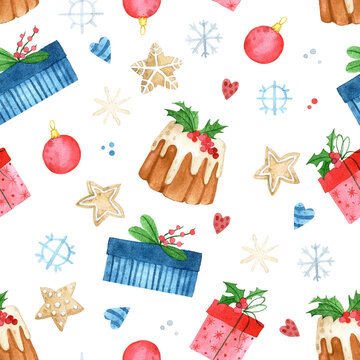 watercolor seamless pattern for christmas, new year. print with cute drawings gifts, snowflakes, christmas toys on a white background
