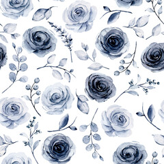 Seamless pattern with watercolor flowers navy blue roses, repeat floral texture, background hand drawing. Perfectly for wrapping paper, wallpaper, fabric, texture and other printing.
