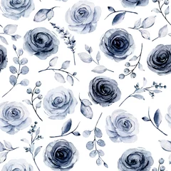 Fototapete Blau weiß Nahtloses Muster mit Aquarellblumen, marineblauen Rosen, wiederholen Sie die florale Textur, Hintergrundhandzeichnung. Perfekt zum Einwickeln von Papier, Tapeten, Stoffen, Texturen und anderen Drucken.