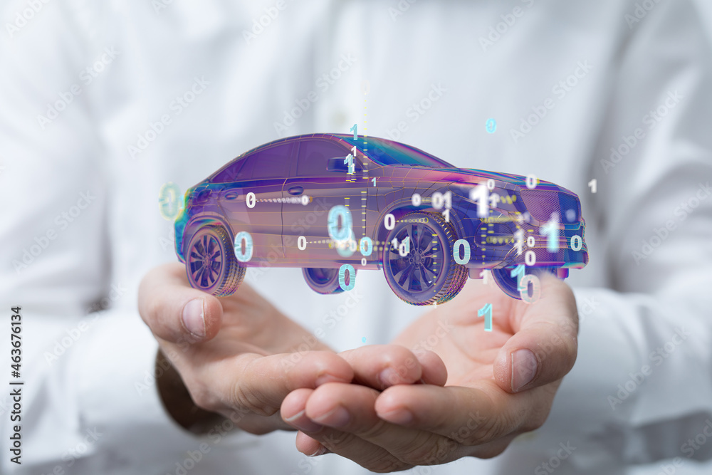 Poster Electric car icon from lines, triangles and particle style