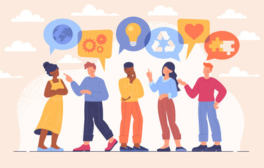 Public communication concept. Men and women discuss various business issues. Teamwork, partnership and relationships between employees. Cartoon flat vector illustration isolated on pink background