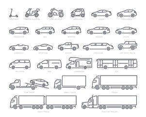 Different types of transportation. Set of minimalistic icon with scooter, moped, sedan, convertible and truck. Design elements for websites. Cartoon flat vector collection isolated on white background
