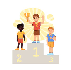 Winner podium concept. Athletes were placed on podium with first, second and third places. Champion holds gold cup in hands and rejoices. Cartoon flat vector illustration isolated on white background