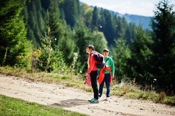 Obraz premium Mother with son travel to nature. Relaxing on the mountain. Feel freedom.