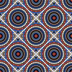 Abstract seamless mandala background. Texture in blue and red  colors. Oriental pattern for design, fashion print, scrapbooking	