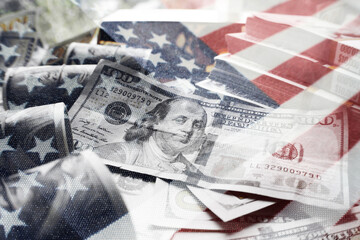 Business And Finance Concept With Stacks Of Money With An American Flag Silhouette