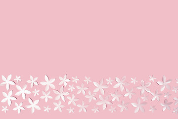 Embossed white flowers on candy pink background as border. Copy space. Wedding mockup